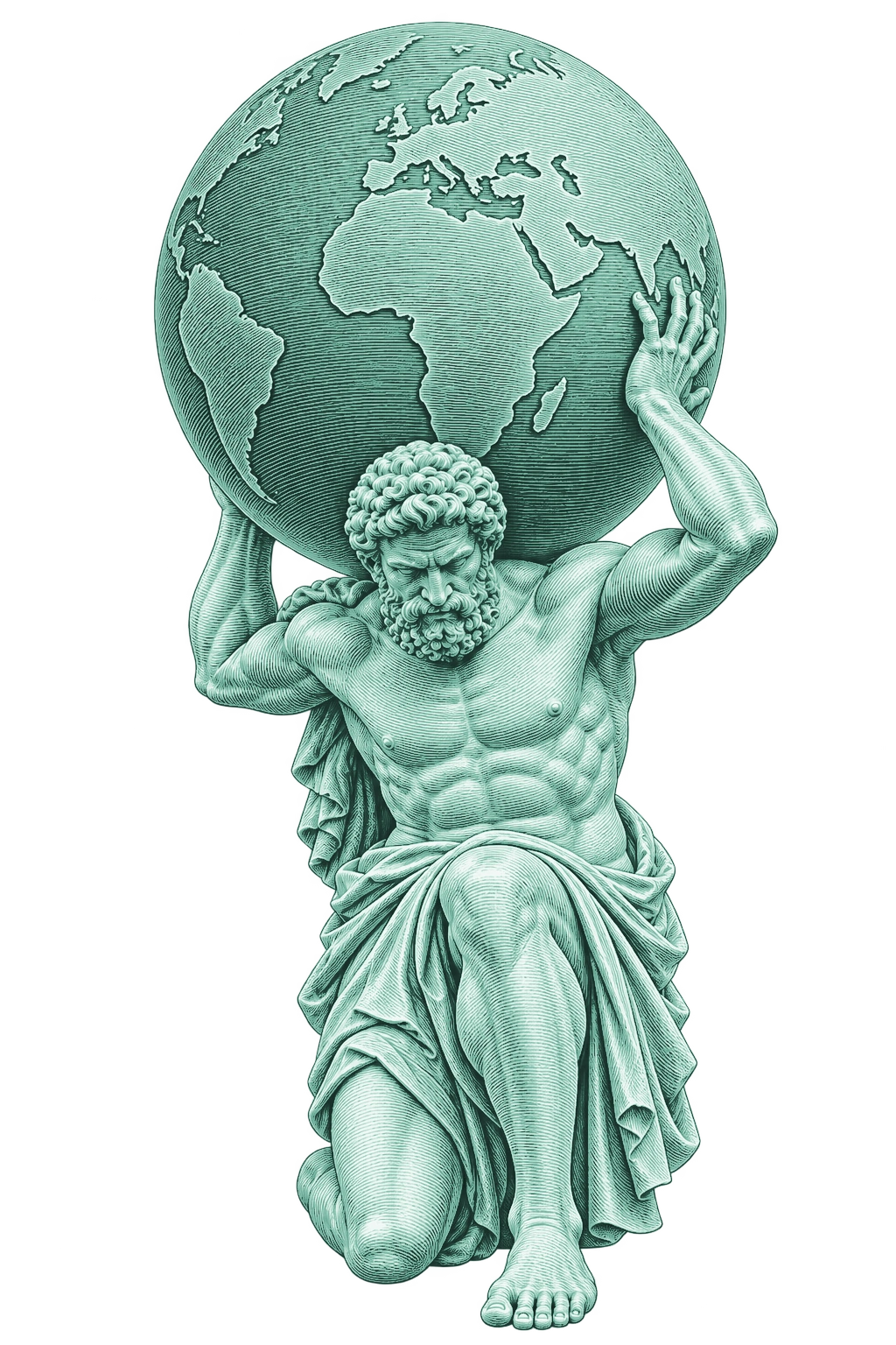 Lighter Brand Green linework etched Atlas carrying the Earth for solo founders