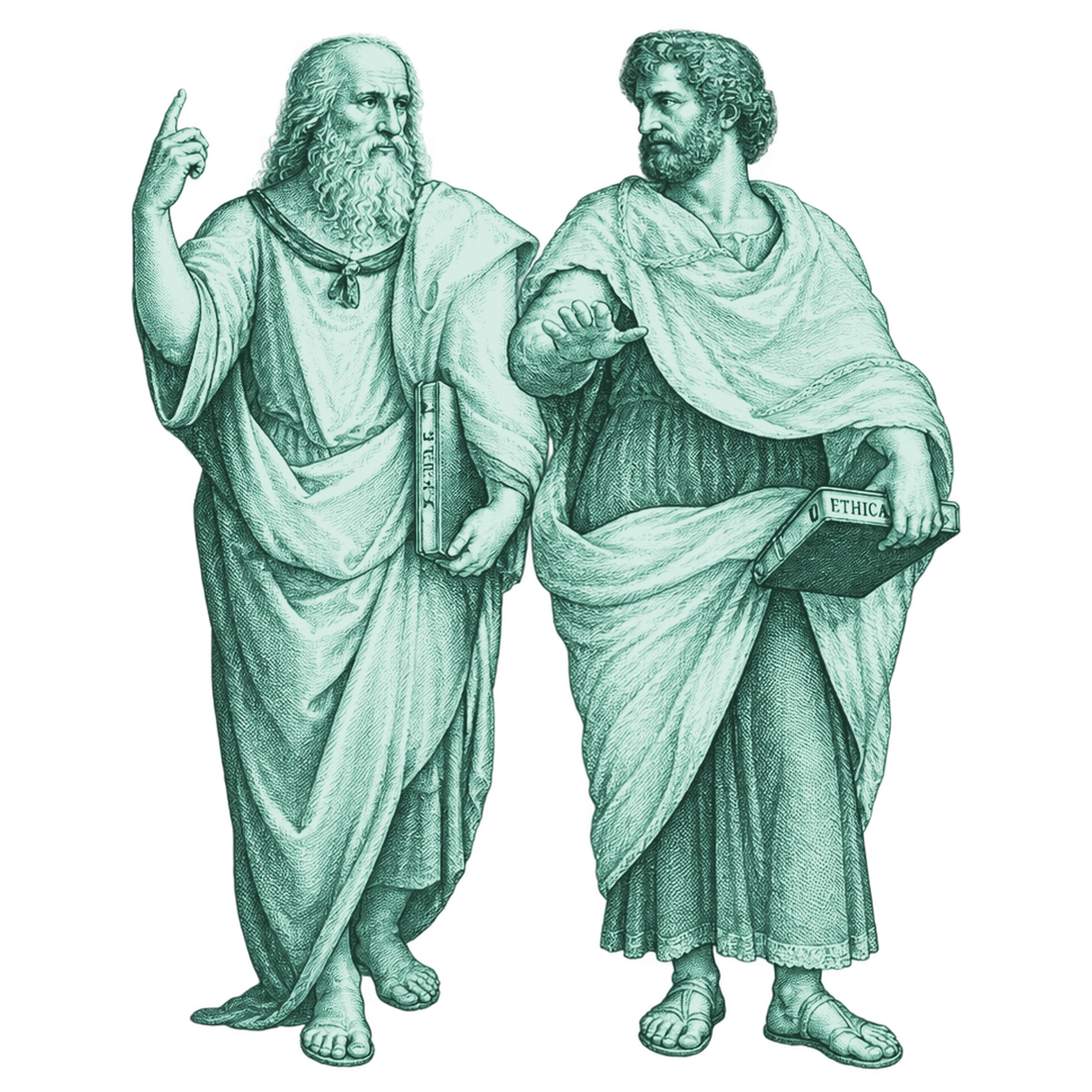 Lighter Brand Green linework full-body N3 etched philosophers in dialogue for co-founding pairs