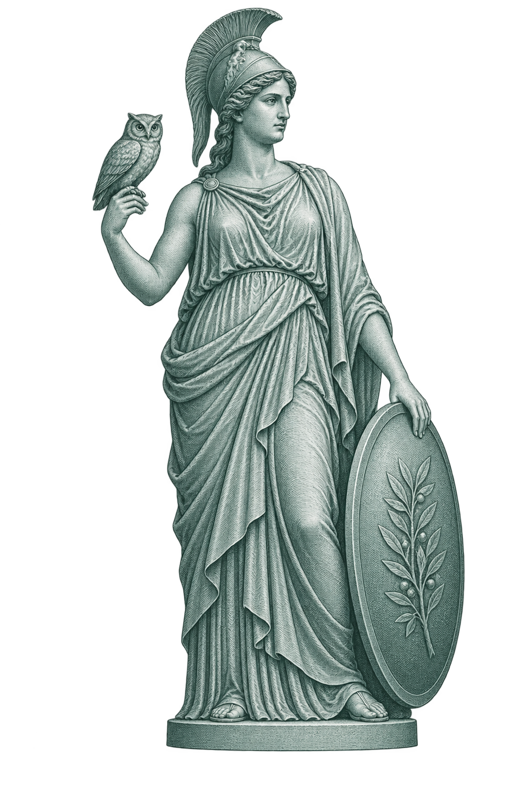 Steel-green engraving of Athena with her owl and an olive-branch shield.