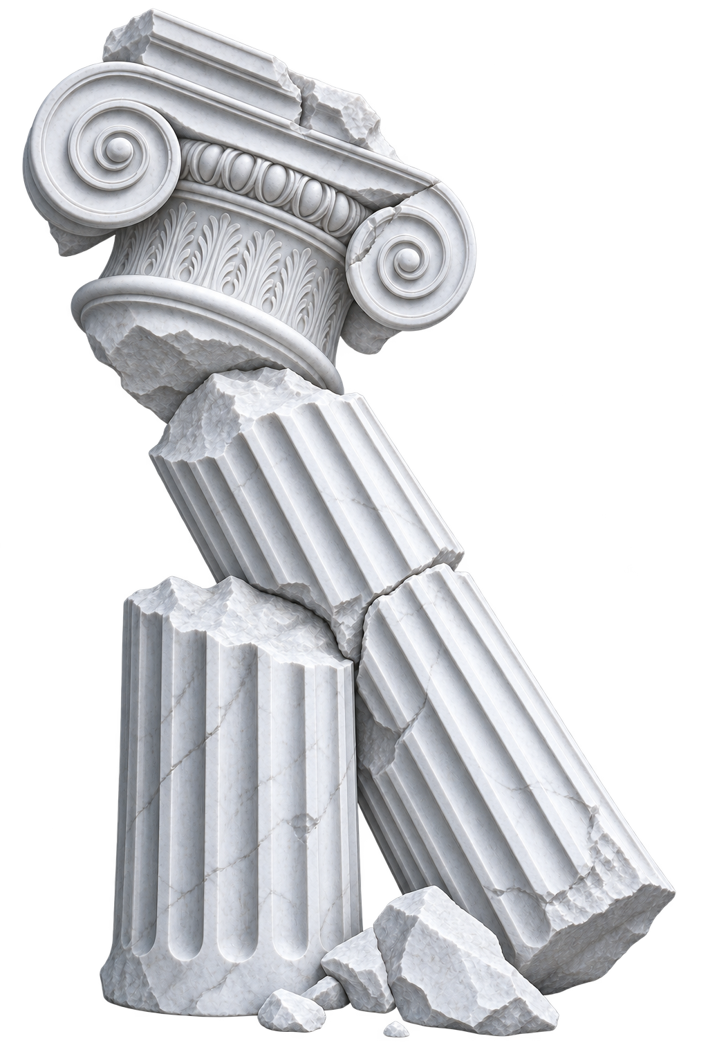 An Ionic column broken into leaning white marble fragments, with a large carved capital and curled volutes.