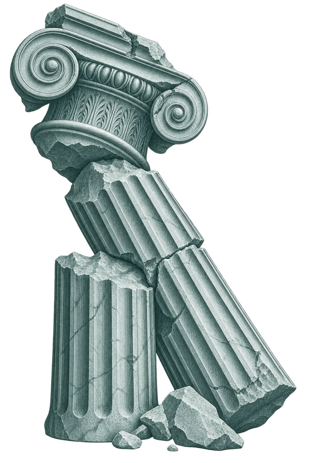 Steel-green engraving of a fallen Ionic column and fractured capital.