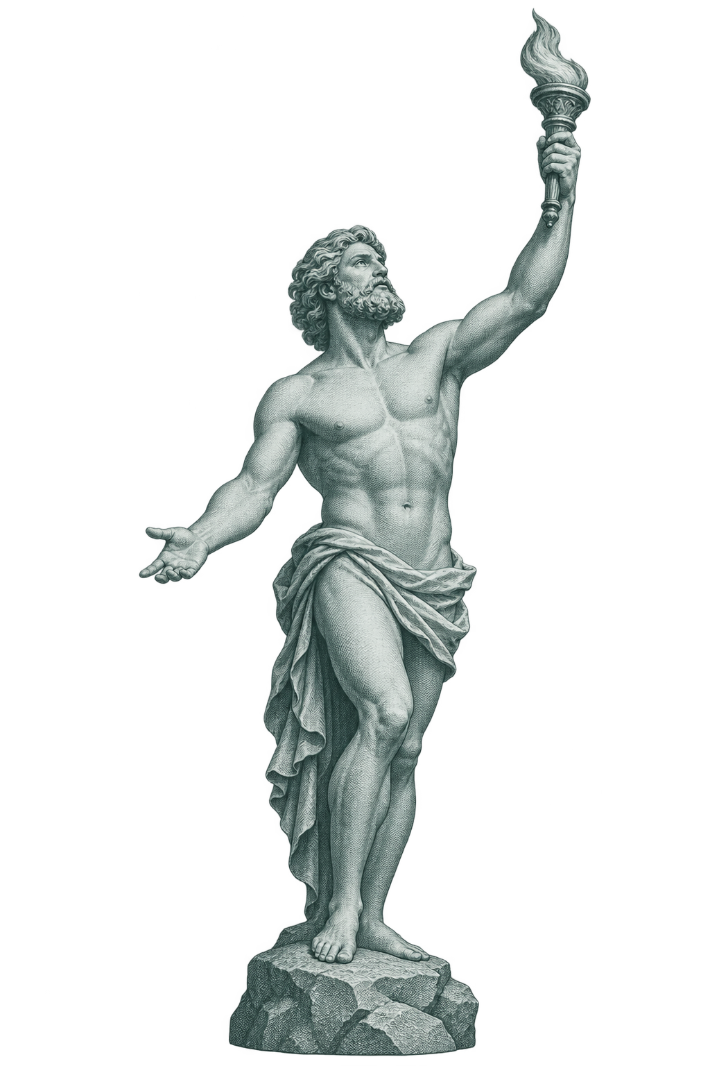 Steel-green engraving of Prometheus holding aloft the fire of knowledge.