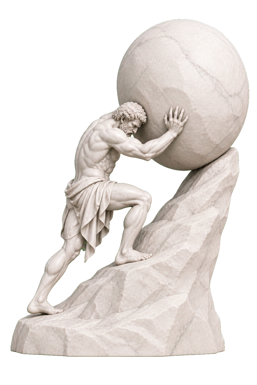 A marble sculpture of Sisyphus pushing a great boulder up a rocky slope.