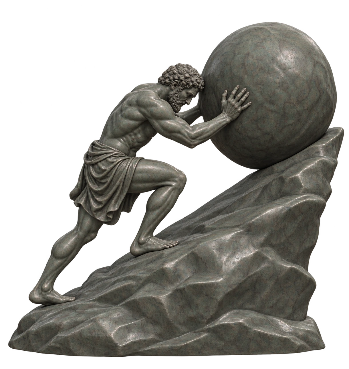 Dark bronze sculpture of Sisyphus · The uphill struggle