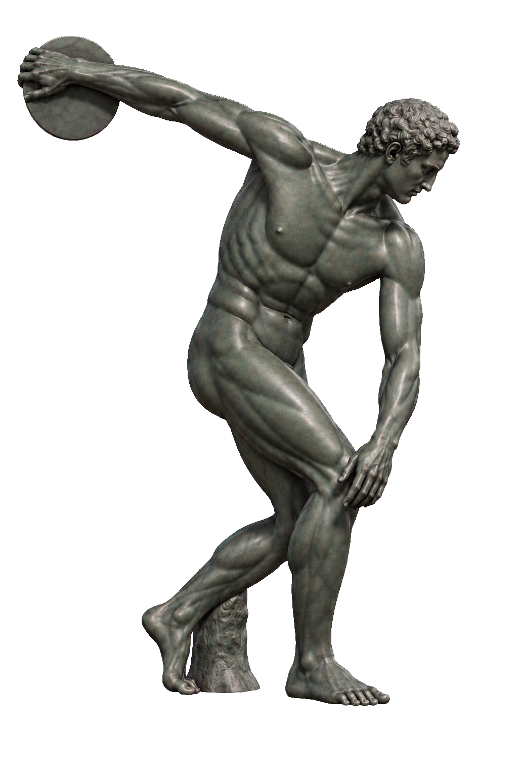 Dark bronze Discobolus with a subtle cool tint, poised to throw his discus
